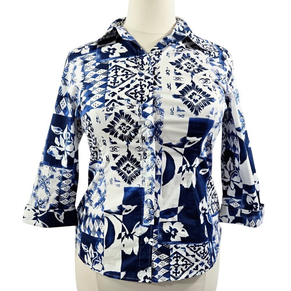 Coldwater Creek Blue White Floral Abstract Boho Button-Up Shirt Artsy
